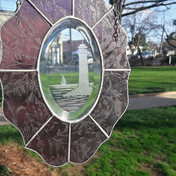 Stained Glass Etched Suncatcher Window Panel Lighthouse Bird Sailboat - Picture 4 of 14